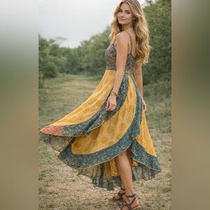 Boho Patchwork Spaghetti Strap High Low Dress Festival Size S Gypsy Rose